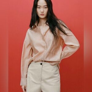 Zara Peach Gingham Button-Down Shirt
